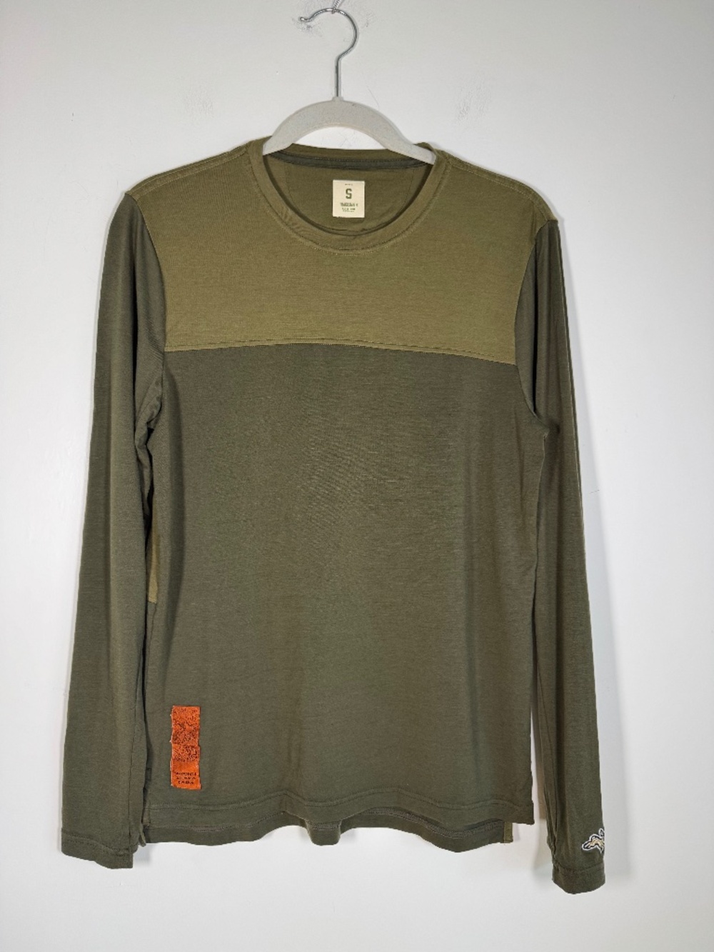 Tracksmith Off Roads Long Sleeve Green Colorblock Wool Tencel Blend | Size S